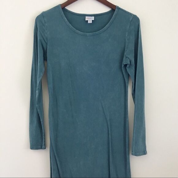 LuLaRoe Acid Wash Teal Debbie Long Sleeve Dress - Picture 1 of 7